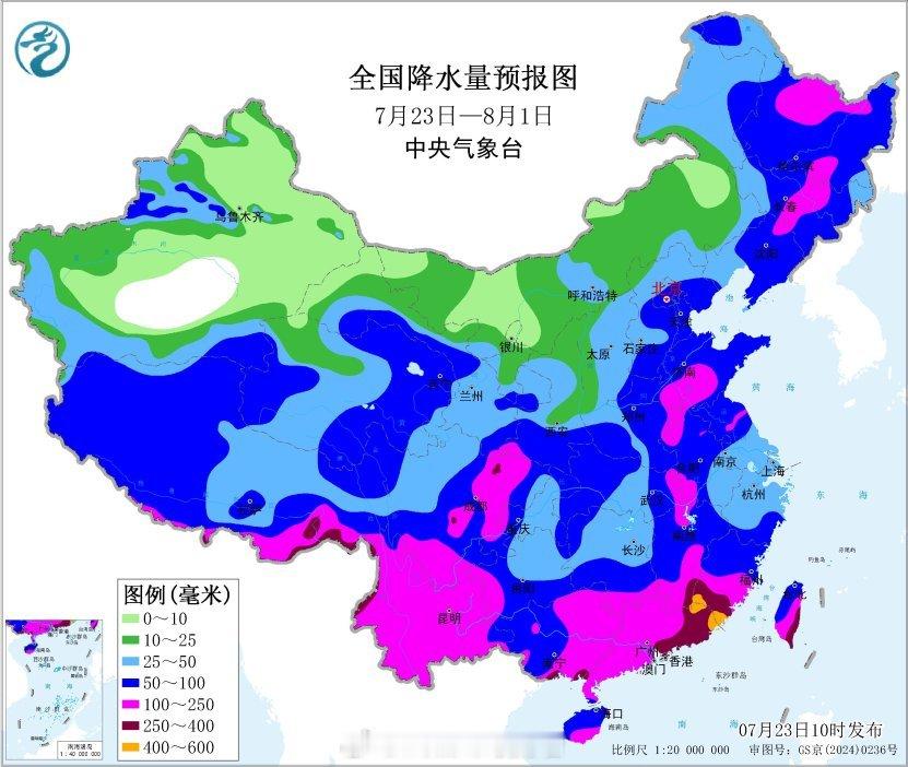 气象观察团未来10天（7月23日-8月1日），华南、江南中部和南部、江汉、江淮
