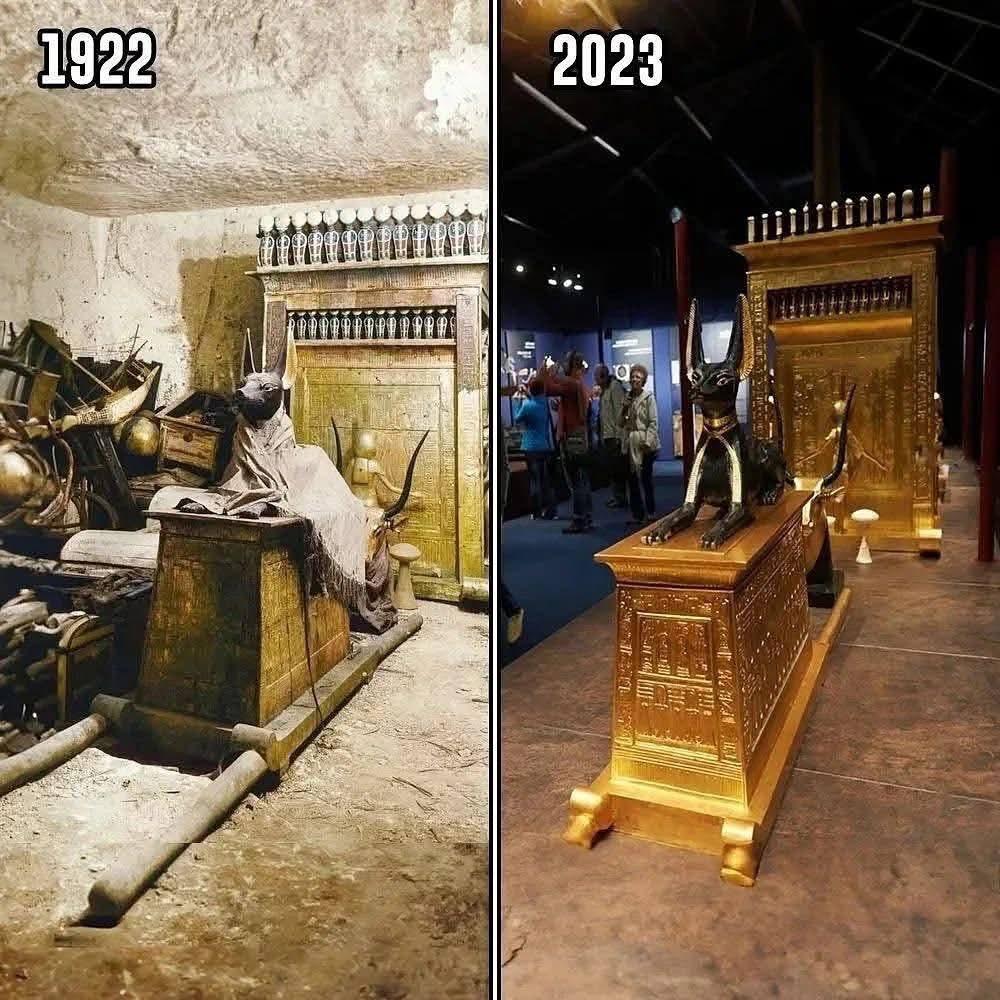 1922年挖掘照片与2023年博物馆展品的并置，突显了图坦卡蒙宝藏自1922年被