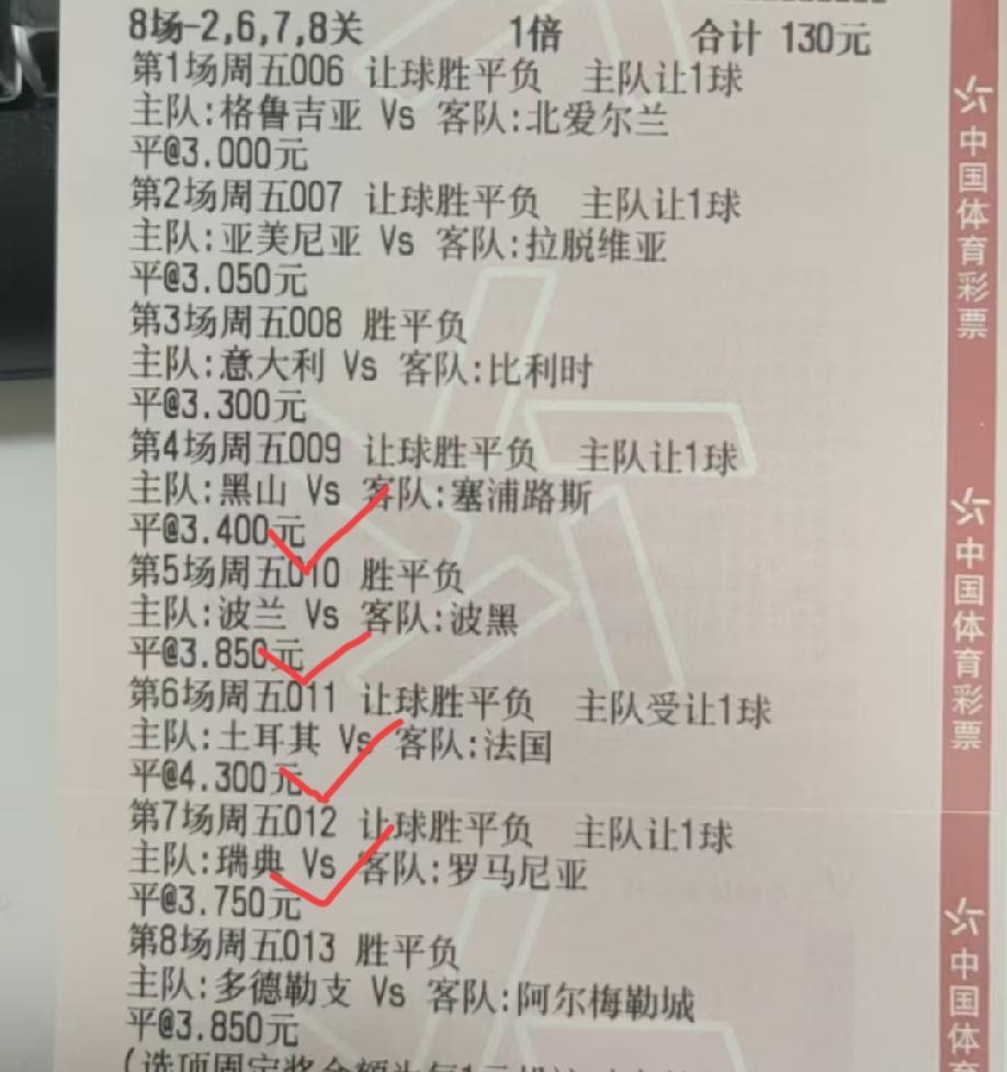 “平头哥”这次终于中奖了，8场猜中了4场，大家帮忙他算算有多少奖金，应该可以小赚