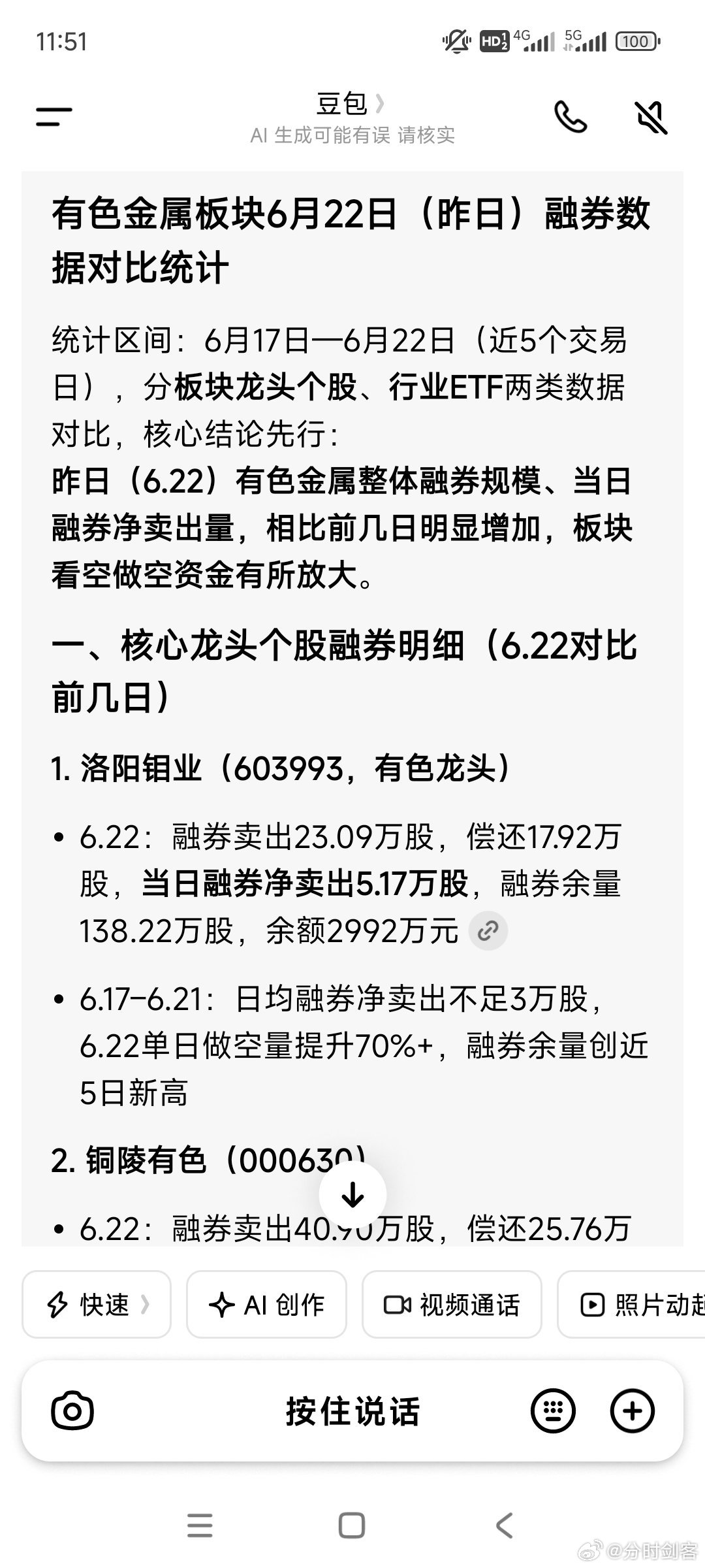 昨日（6.22）有色金属整体融券规模、当日融券净卖出量，相比前几日明显增加，板块
