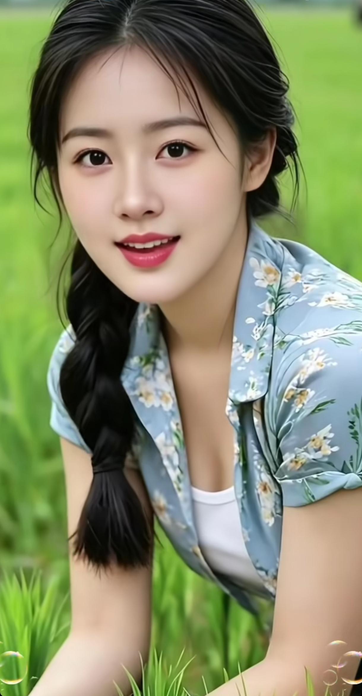 清新自然，花海中的少女，甜美笑容，自然妆容，阳光明媚的一天。甜美风穿搭分享花海