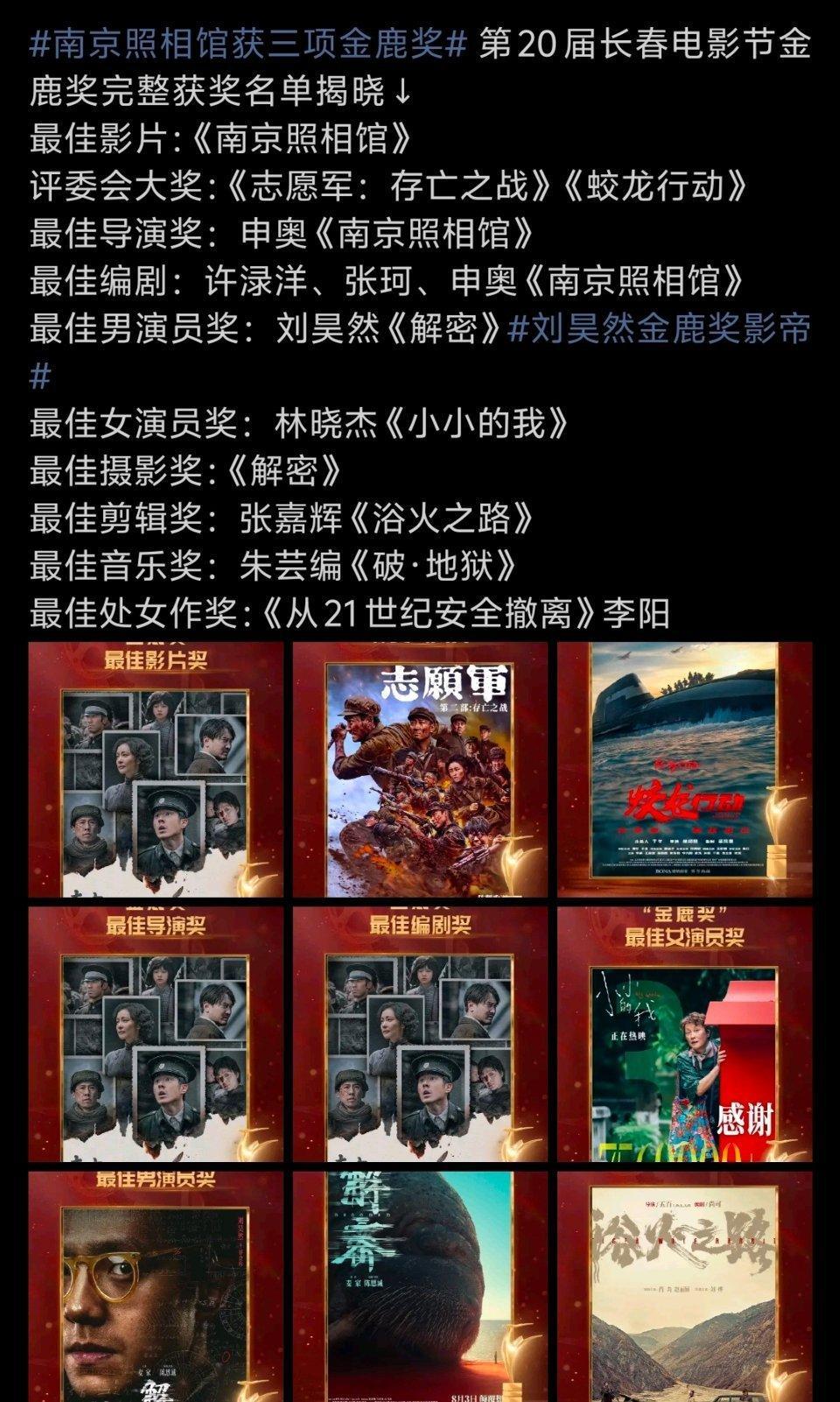 长春电影节全获奖名单，南京照相馆获得三项大奖，最佳影片、最佳导演、最佳编剧。解密