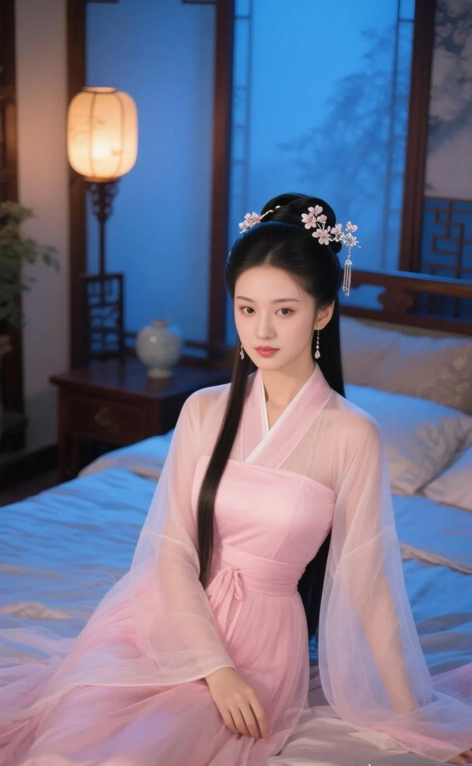 古风美人，粉裙飘飘，花簪点缀，韵味十足国风古代美人粉纱花衣美人古装簪花小美女