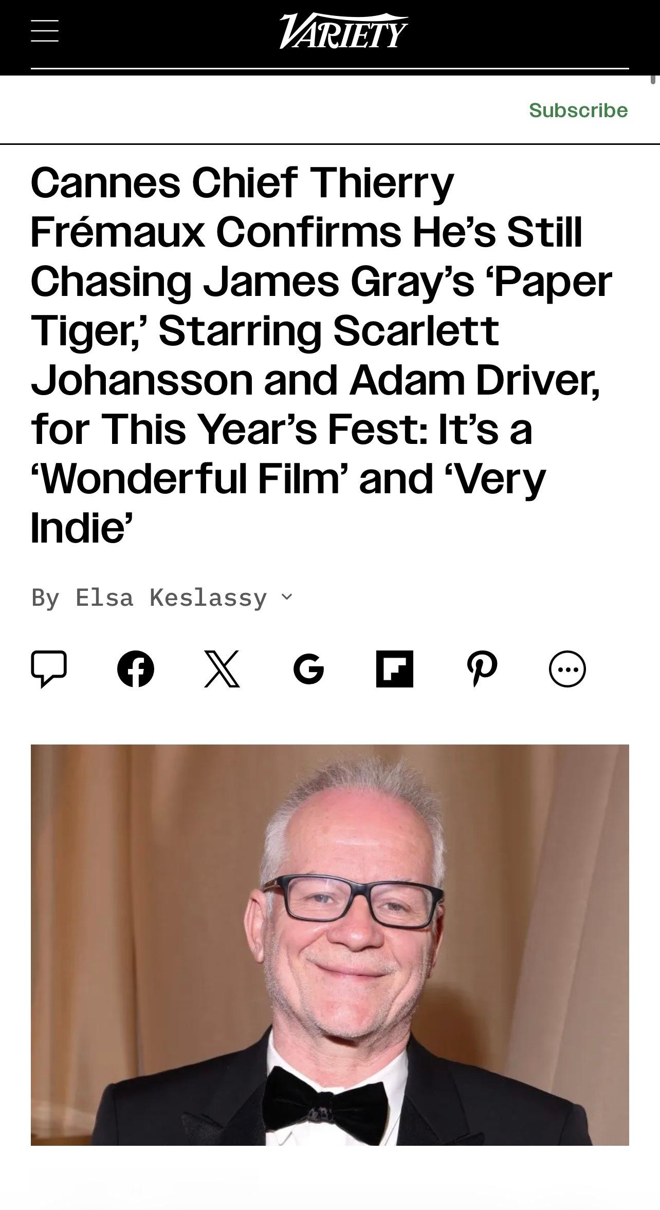 根据Variety消息，戛纳电影节艺术总监蒂耶里·福茂表示，正在争取詹姆斯·格雷