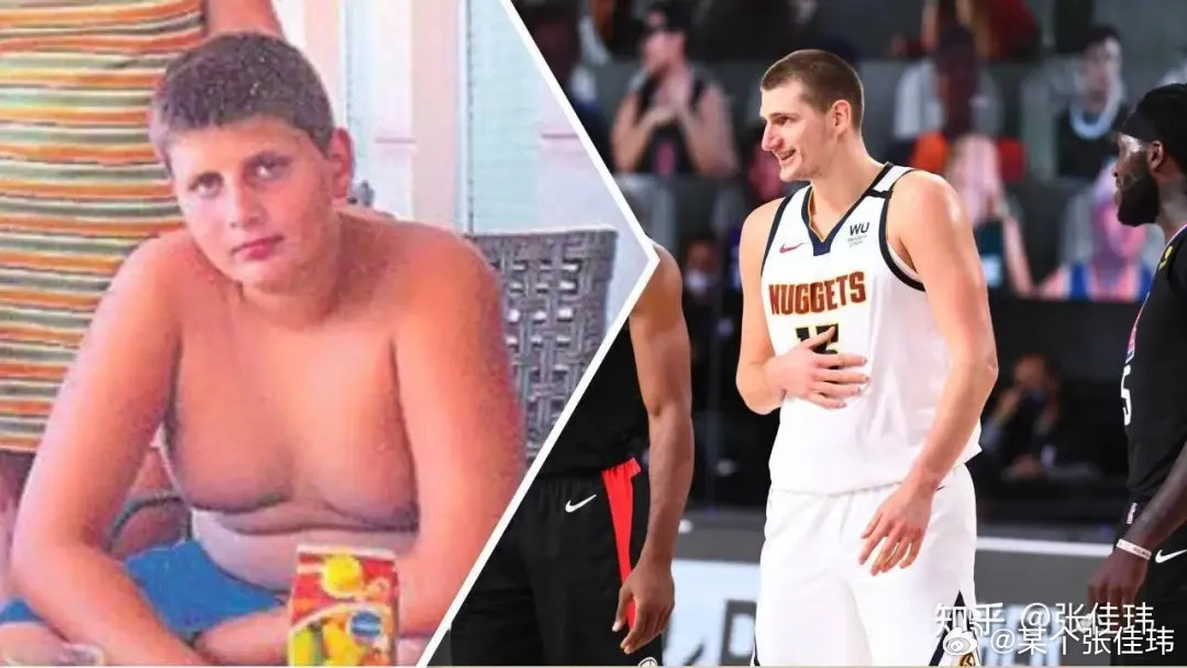 约基奇小时候是个大白胖子。他自己承认曾经每天要喝两三升可乐。飞美国航班上，他喝了