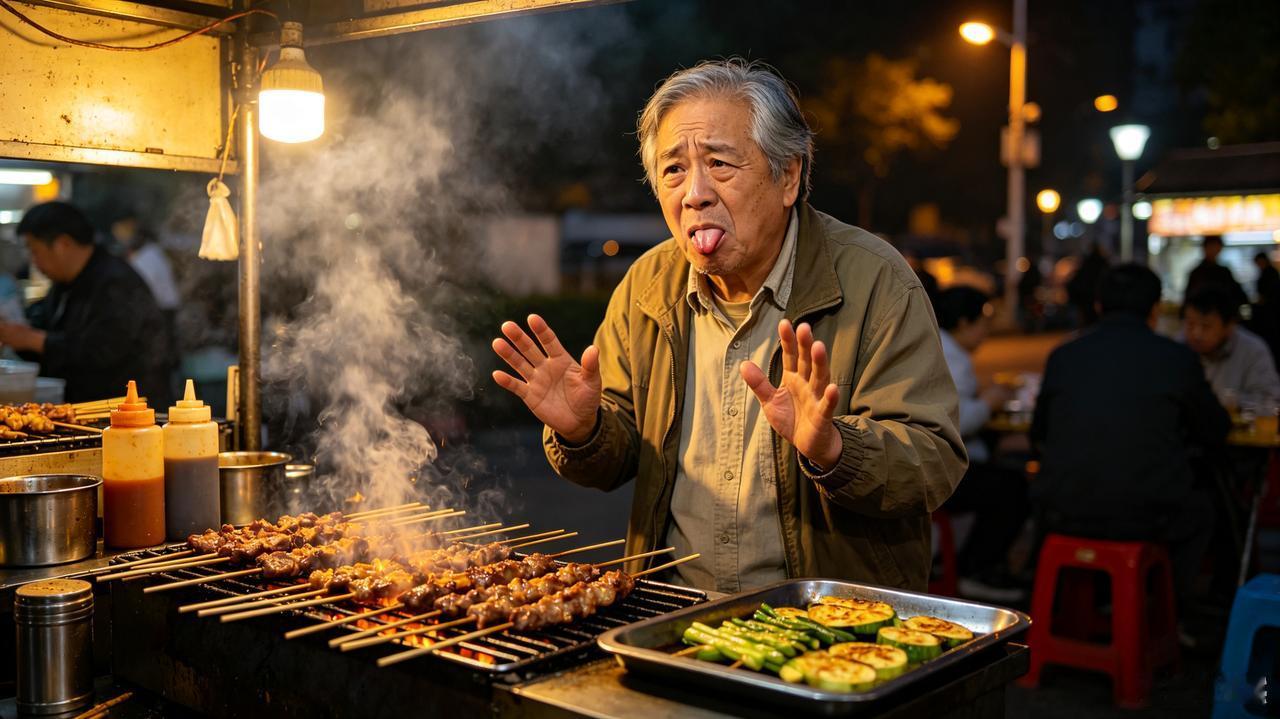 傍晚散步偶遇烧烤摊，馋得直咽口水，有糖尿病真不敢碰晚上出门散步锻炼身体，路