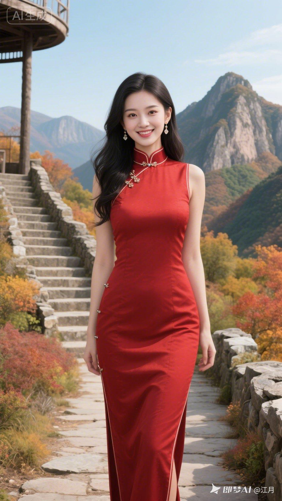 秋日山间漫步，红裙飘逸，尽显优雅与自然之美。