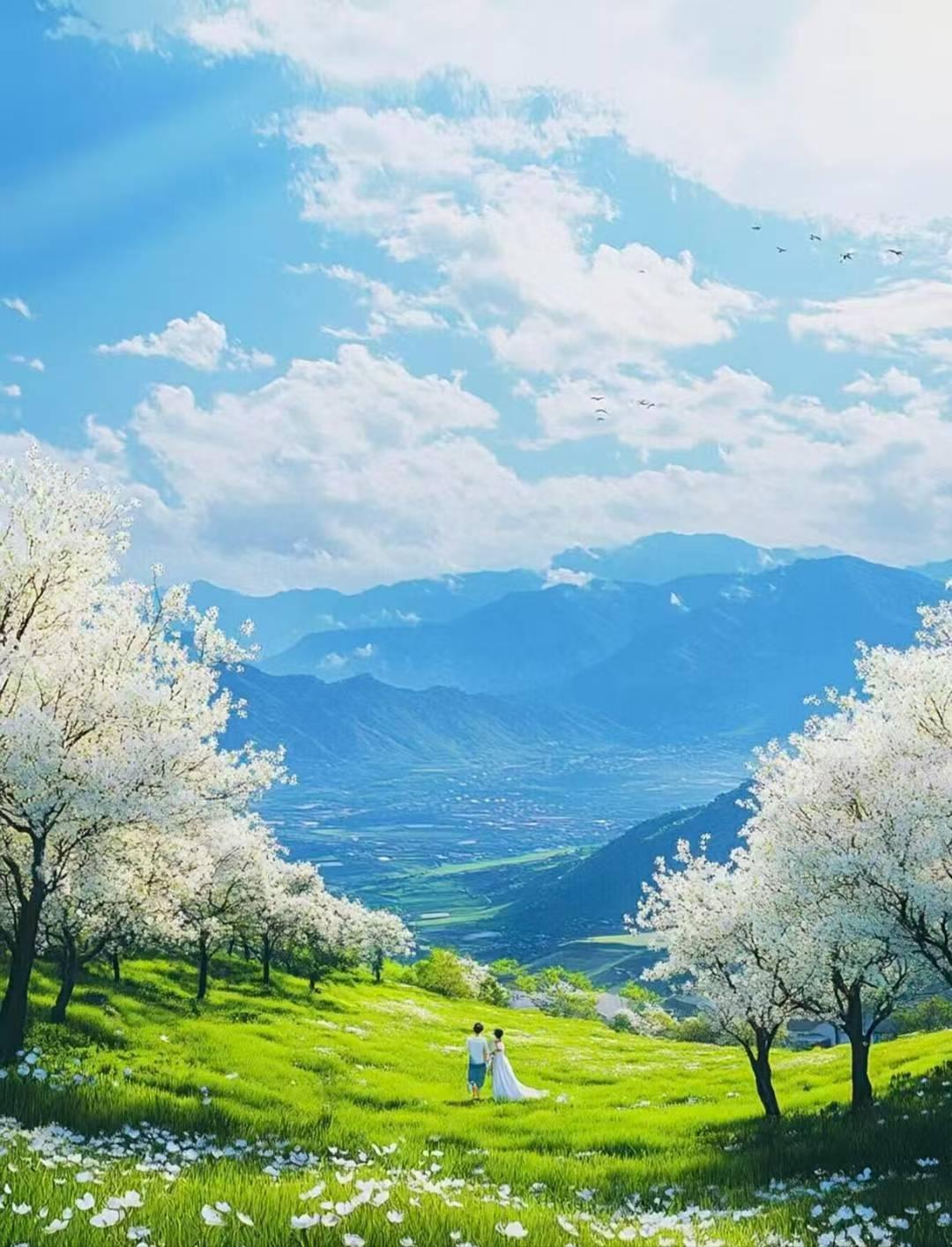 春日浪漫，花海漫步，与爱人共赏山川之美。🌸🌿💕