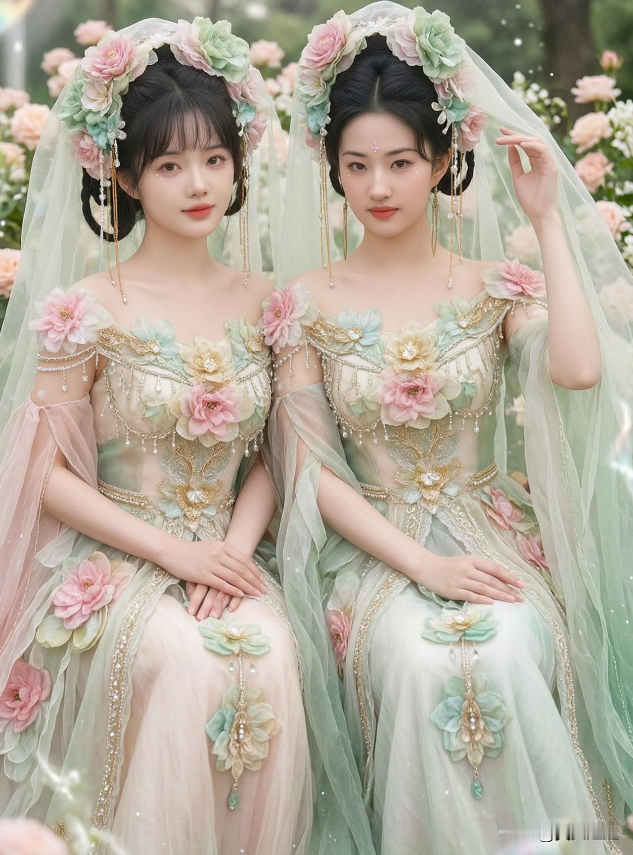 两位仙女穿着花裙，坐在花园里。