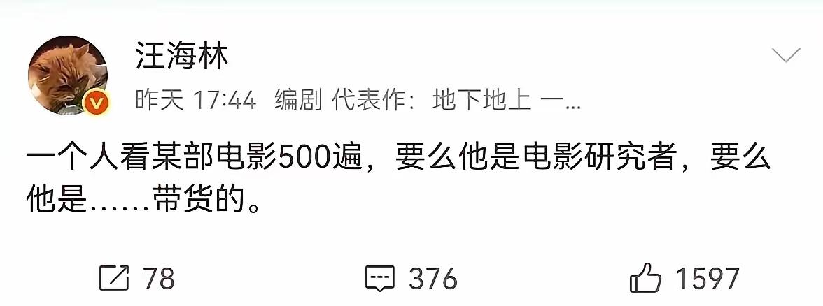 作为编剧，汪海林说话还是比较有深度的。汪海林说一个人看某部电影500遍，要么