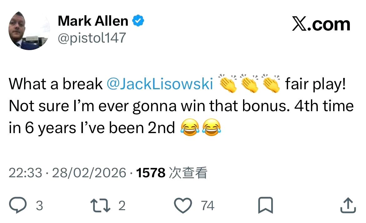 依旧无缘15万英镑，6年里4次第二！马克·艾伦刚才在利索夫斯基超分后在社媒上写道