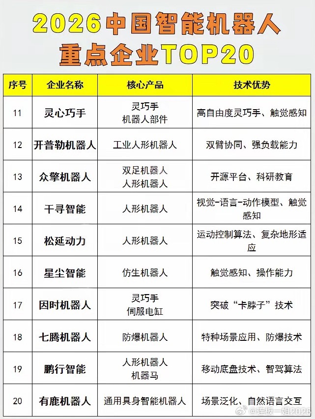 2026智能机器人TOP20，看清打工人的新机会榜单里有专注灵巧手的、做防爆巡