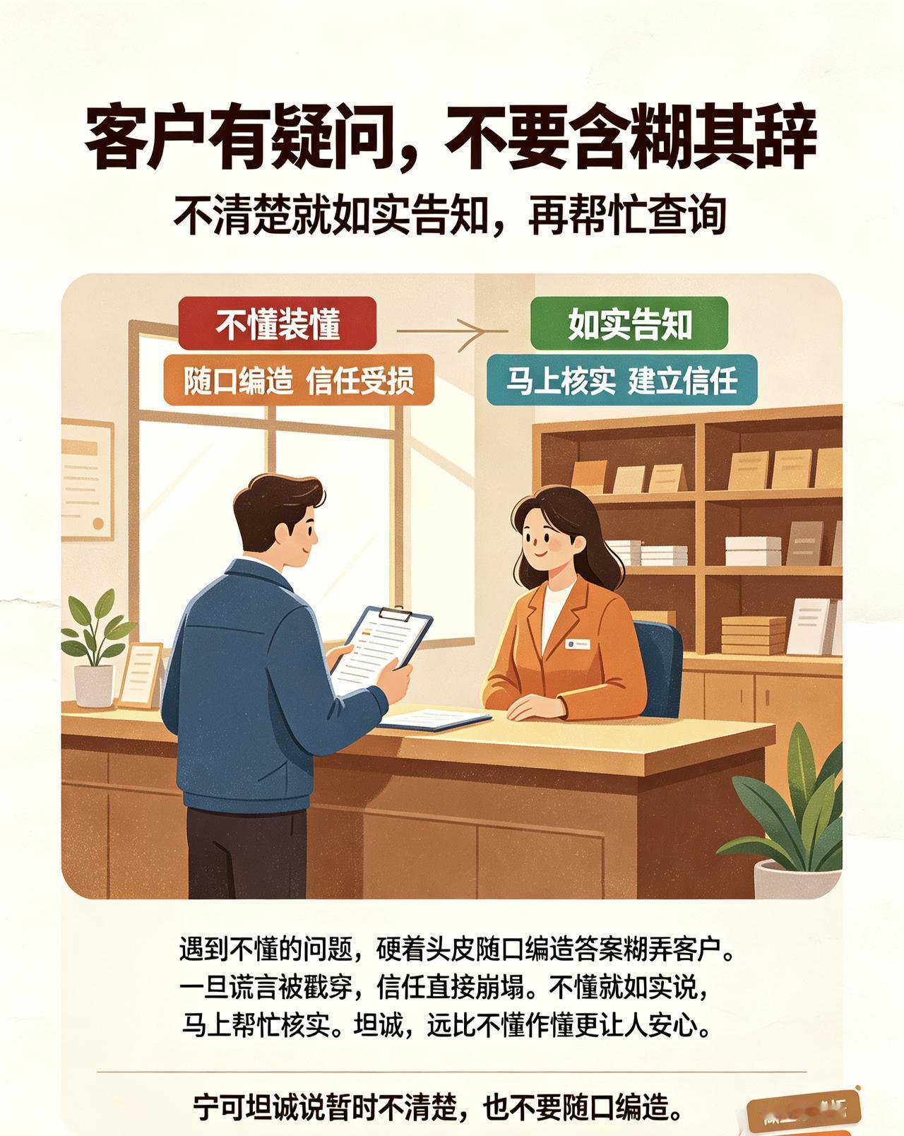 客户有疑问，不要含糊其辞，不清楚就如实告知再查询遇到不懂的问题，硬着头皮随口