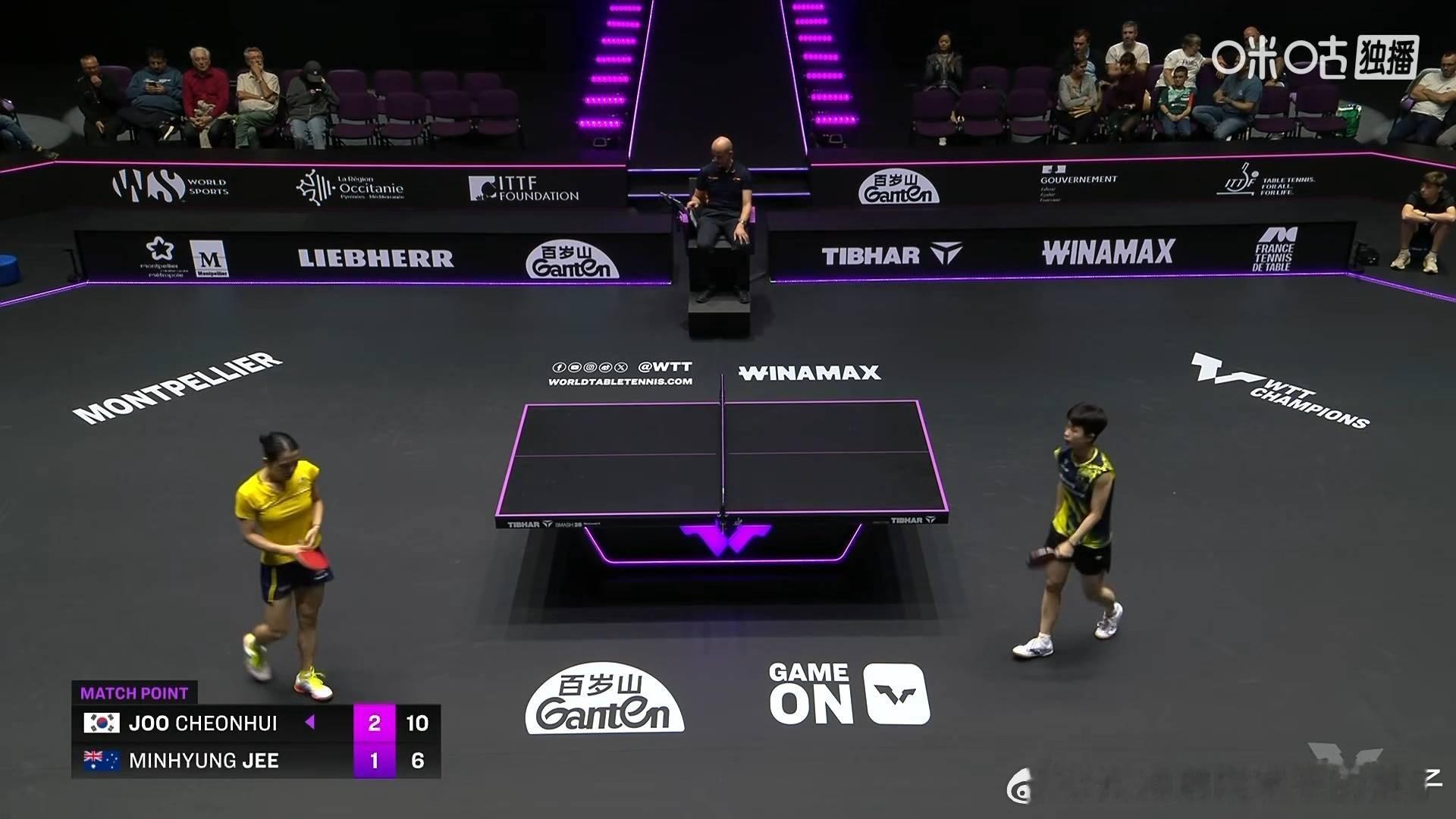 朱芊曦3比1池旼亨（4，-11，4，6）晋级2025WTT蒙彼利埃冠军赛女单十六