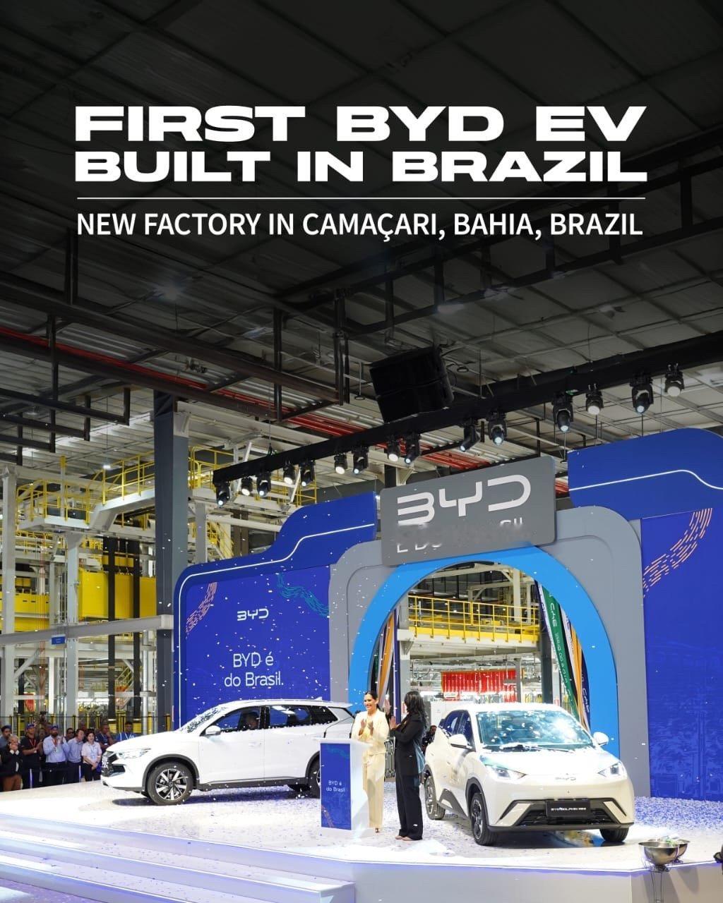 比亚迪纯电车，正式在巴西下线了。比亚迪位于巴伊亚州Camaçari的工厂，第