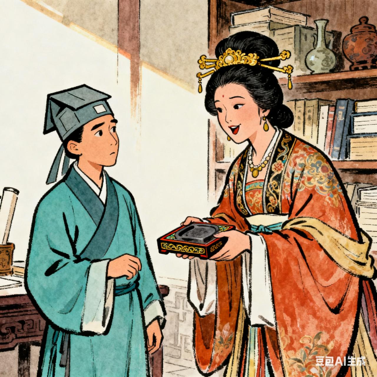 古代笑话富婆王氏捧着新得的砚台逗秀才：“听闻先生才高八斗，若能以这砚台作诗一