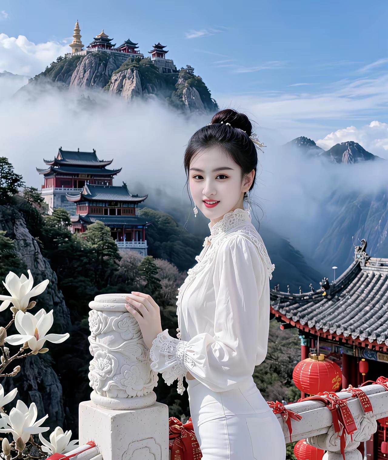 仙气缭绕的少女与古风建筑，如梦如幻的山水画卷。