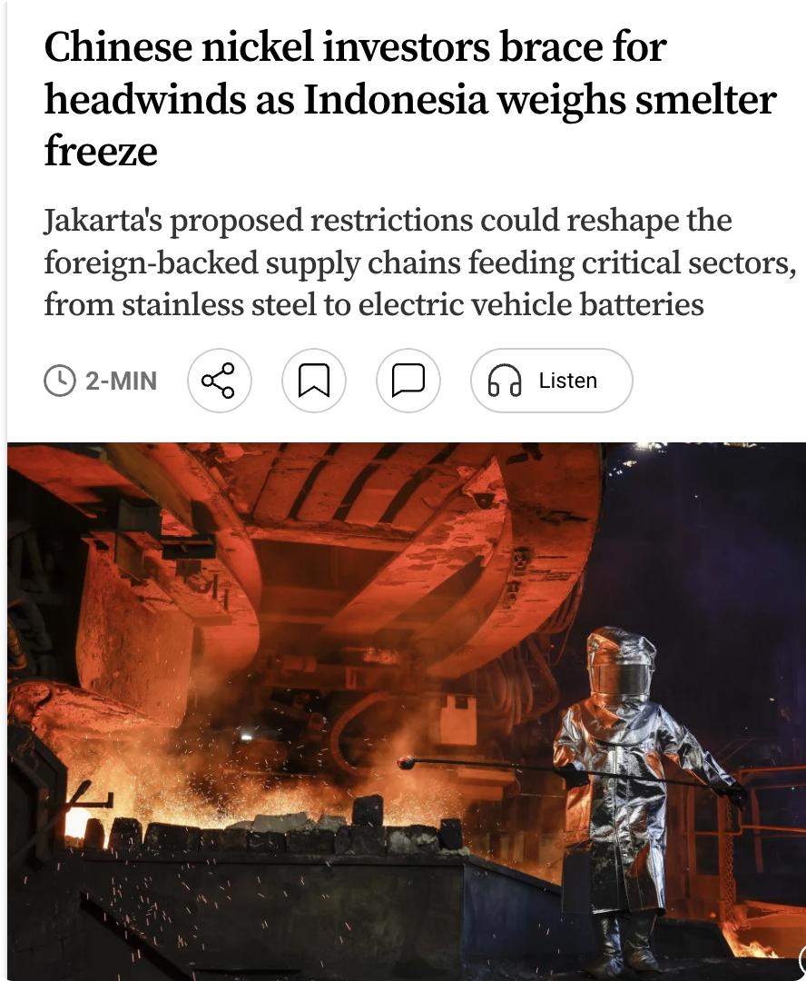 外媒：印尼能源与矿产资源部长巴赫利尔·拉哈达利亚表示，印尼正考虑暂停新建镍冶炼厂
