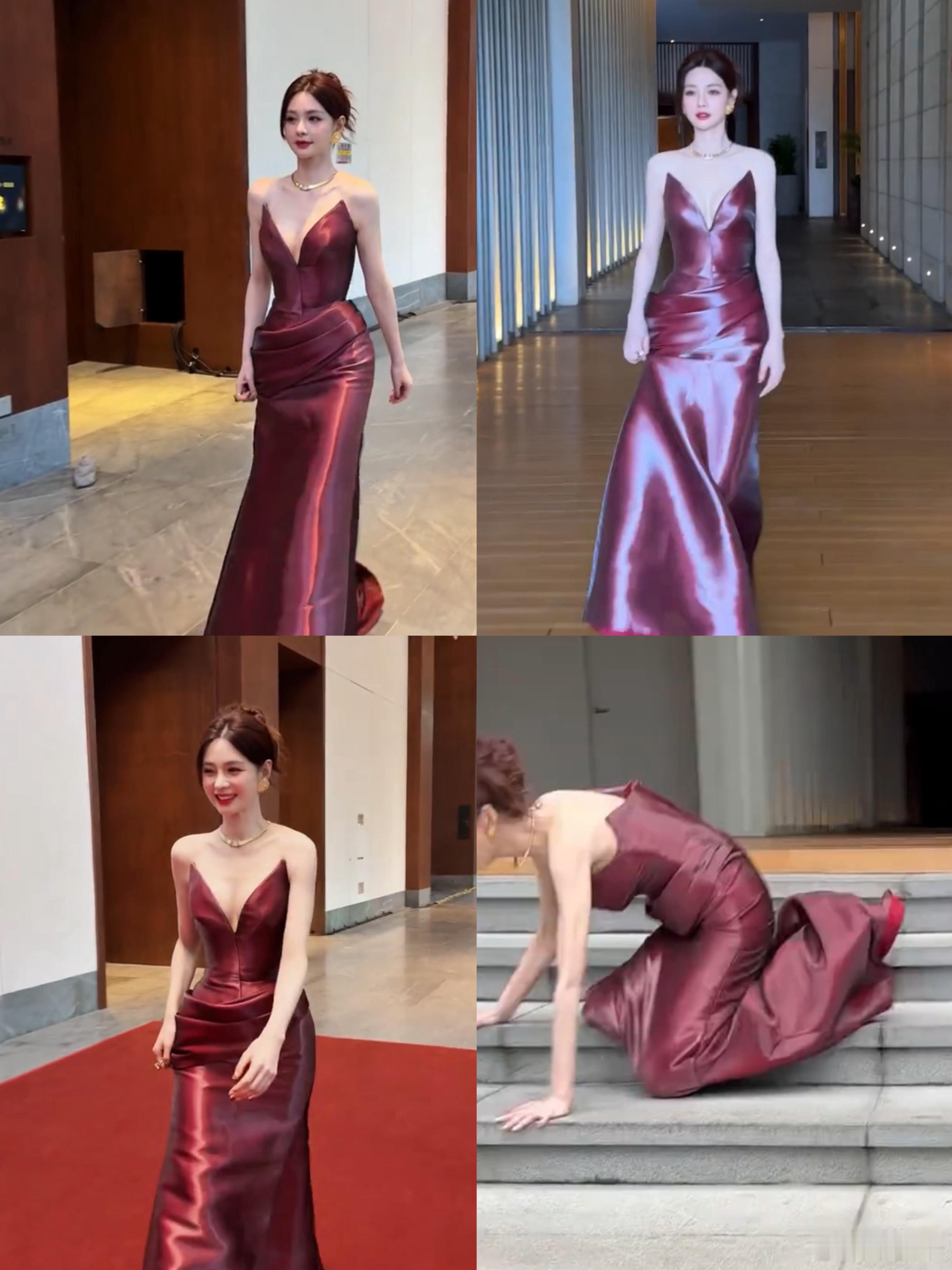 沈梦辰下楼梯摔倒，身材真好，但摔的太疼了！这个裙子好漂亮呀！沈梦辰下楼梯摔倒​