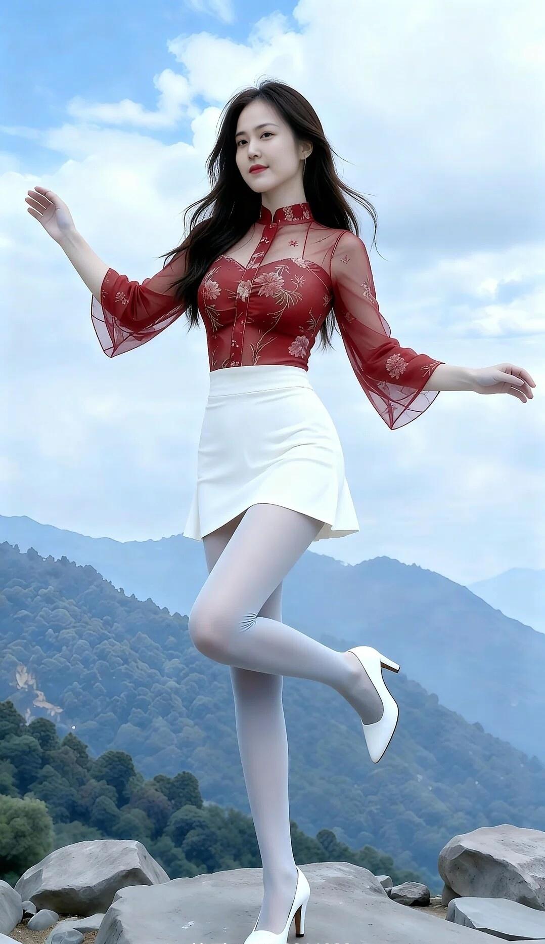 山间仙气少女，红衣白裙，轻盈飘逸