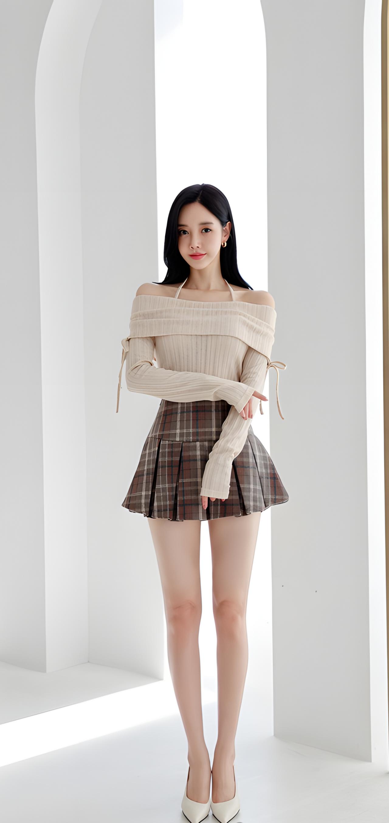 甜美学院风穿搭，米色毛衣搭配格子短裙，青春活力满满！💕