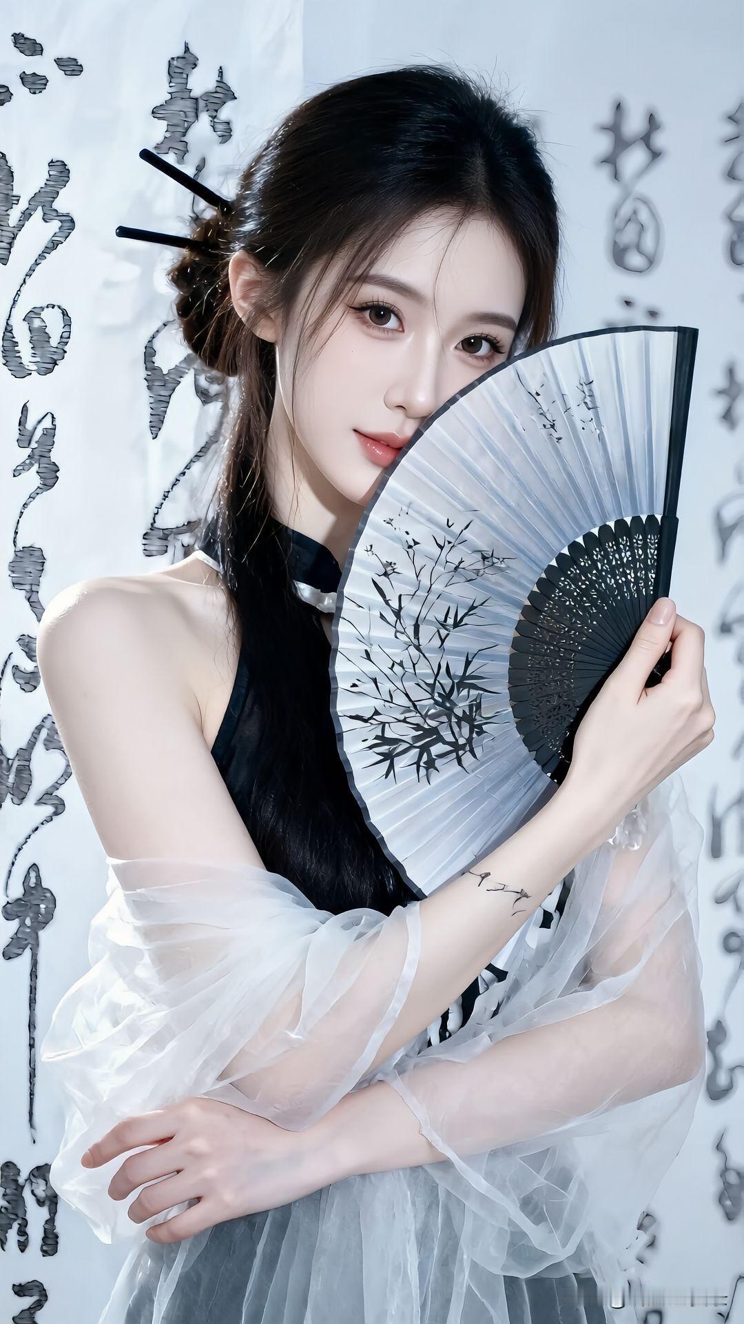 东方韵味，黑发美人手持团扇，古风韵味十足气质美女高雅气质美女