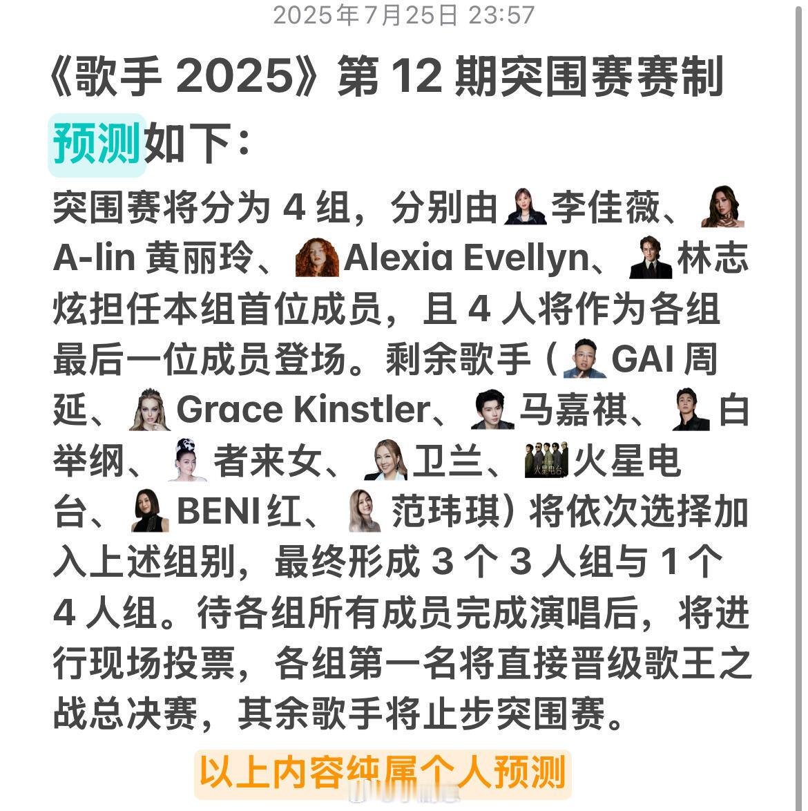 歌手《歌手2025》第12期突围赛赛制预测歌手｜仅供参考｜​​​