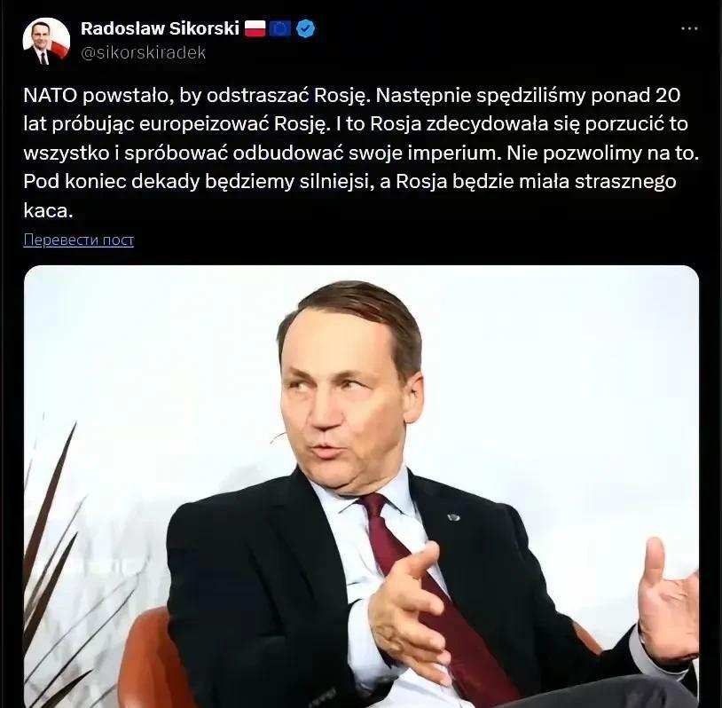 北约的存在就是为了遏制俄罗斯波兰外长西科尔斯基近来阐述了自己对北约和俄罗斯的观