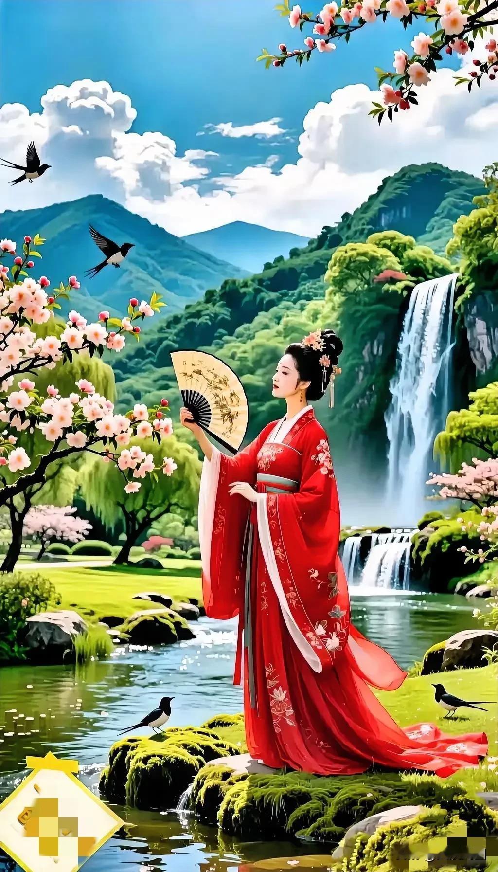 遇红衣仙子穿越尘烟踏入古乡，于幽深林野邂逅艳美红妆。罗衣似火惊破幽梦，笑靥如