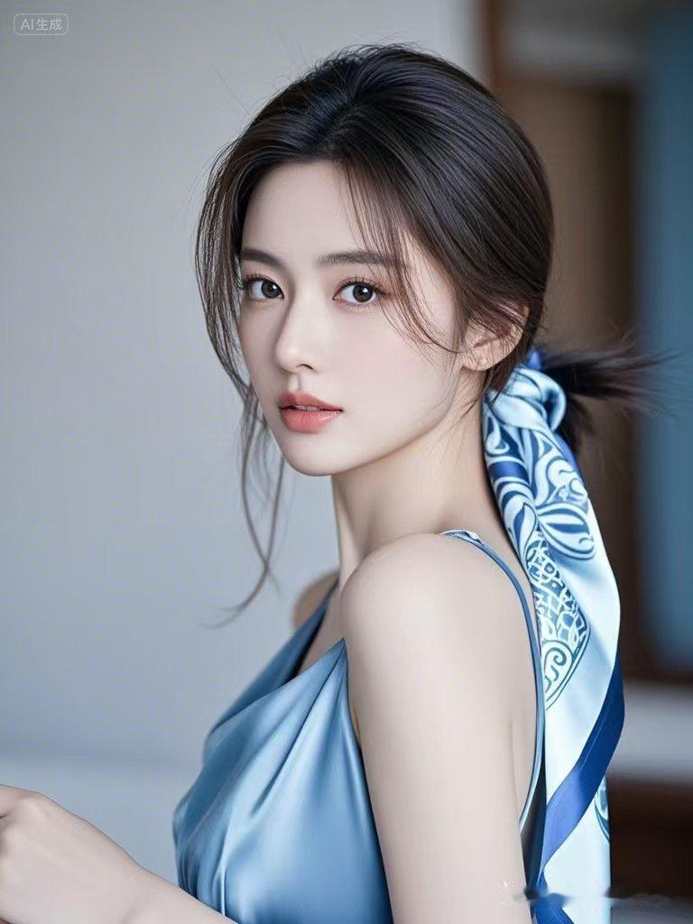 柔滑蓝调丝缎轻搭肩头，女子缓缓回眸，眼底浅浅笑意温柔缱绻。身姿温婉雅致似清风拂过