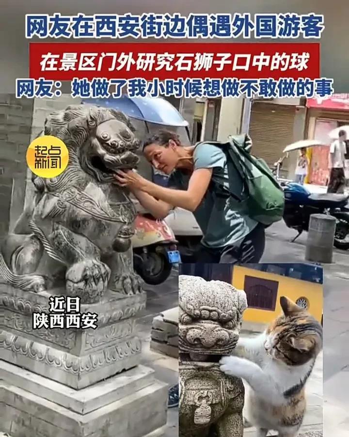 太有趣了！近日，陕西西安一名外国游客在一处景区门口，看着石狮子里面的“石球”陷入