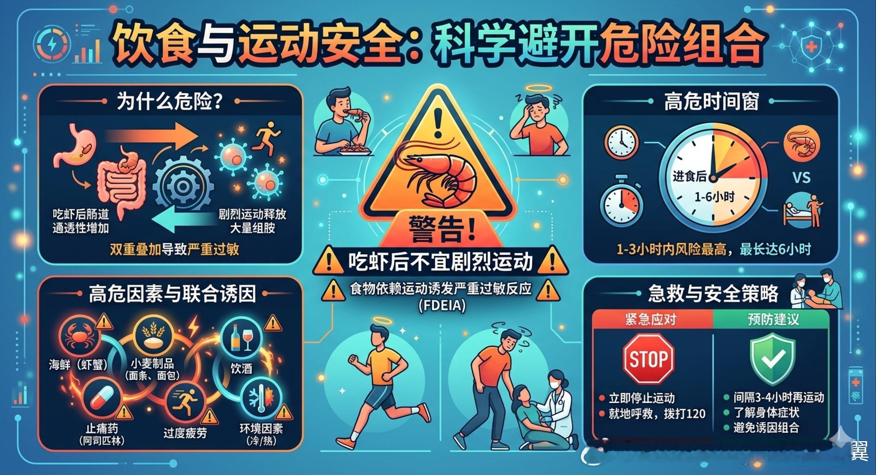 吃完虾千万不要剧烈运动吃完虾立刻剧烈运动确实可能引发危险，因为这可能诱发一种极