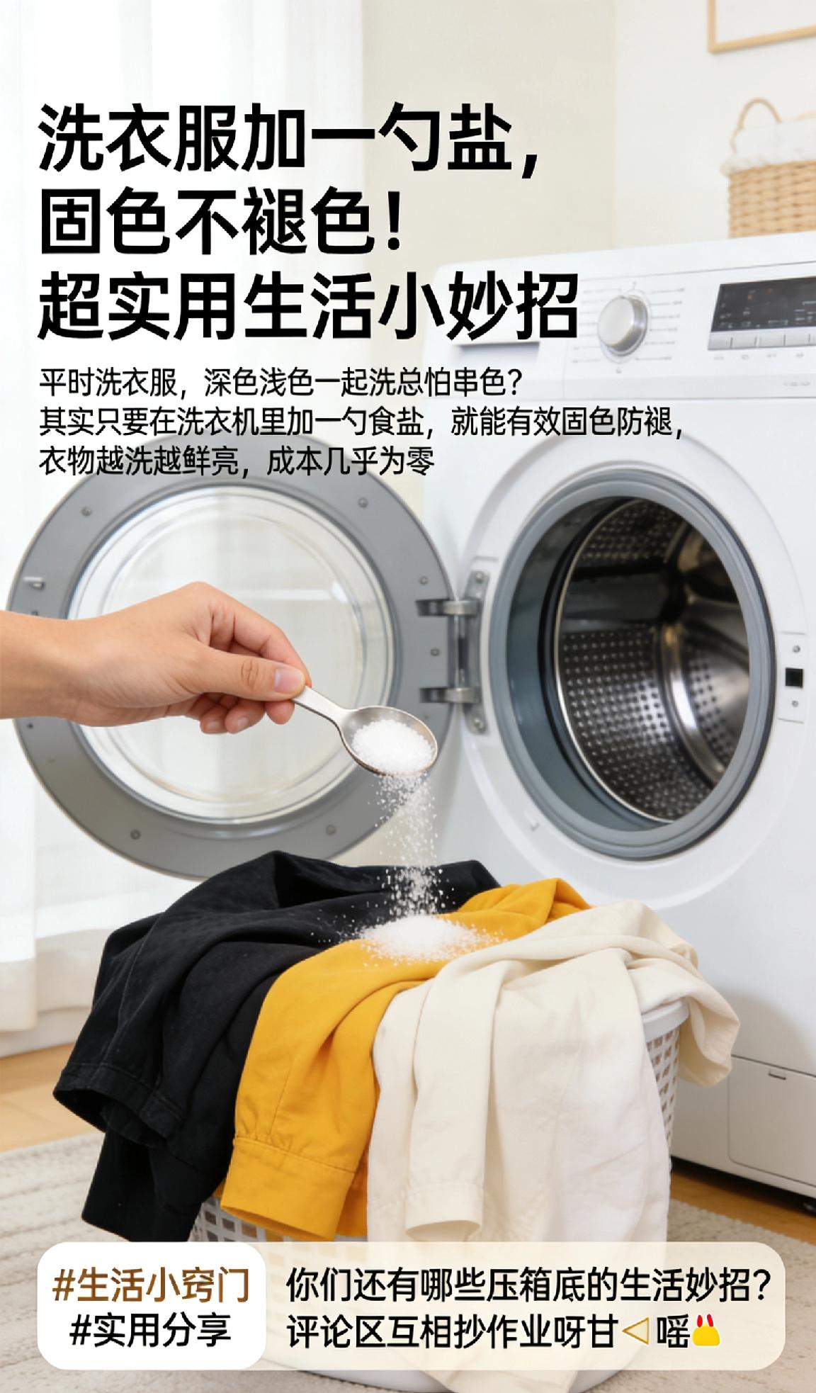 洗衣服加一勺盐，固色不褪色！超实用生活小妙招平时洗衣服，深色浅色一起洗总怕串