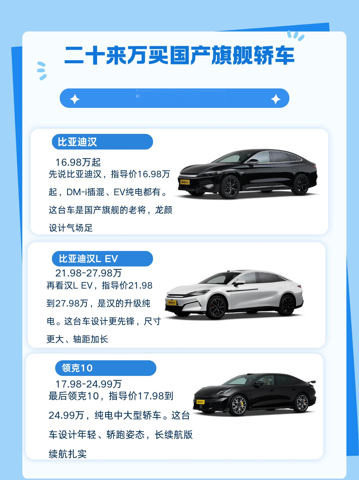 二十来万，想买台国产旗舰轿车，要气场、要配置、还要技术。今天比亚迪汉、汉LEV还有领克10，两台比亚