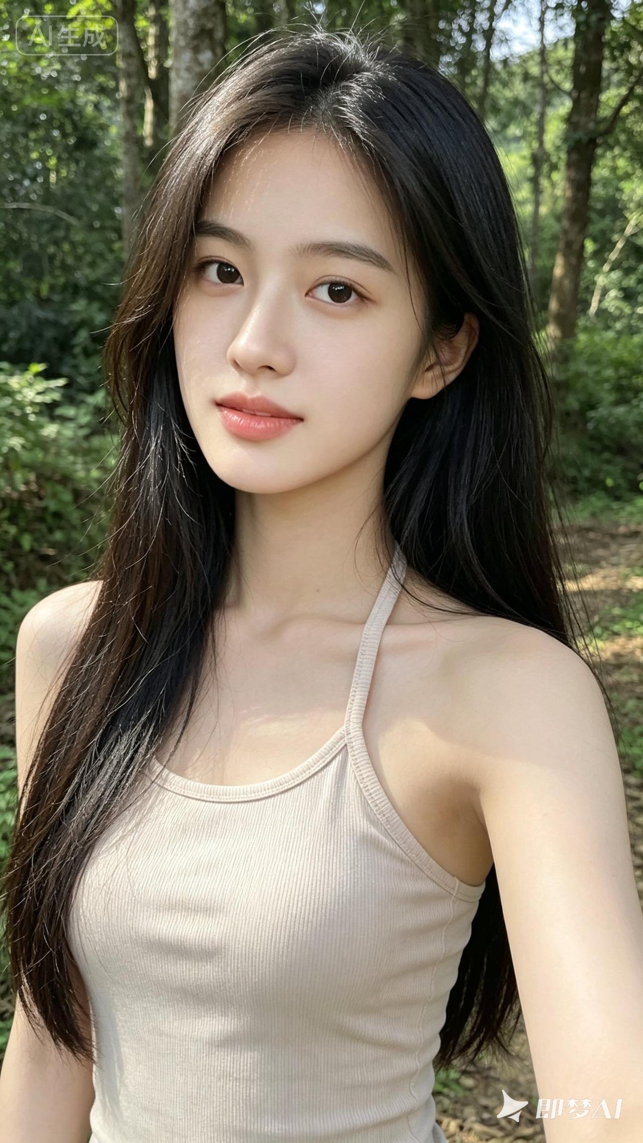 森林中的清新少女，自然光下的美丽瞬间