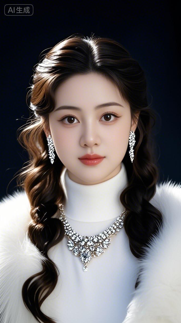 她面容如玉，冷白肌肤细腻如凝脂。深棕色长发微卷，发丝光泽流泻。一袭荧光白色高领毛