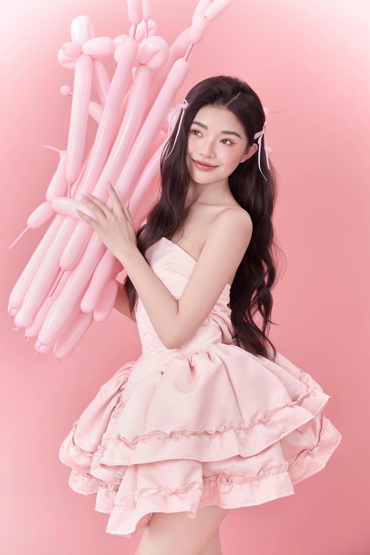 满屏粉色，满眼甜蜜，今天是行走的“芭比梦幻屋”！🎀💗🎈粉色背景像棉花糖做