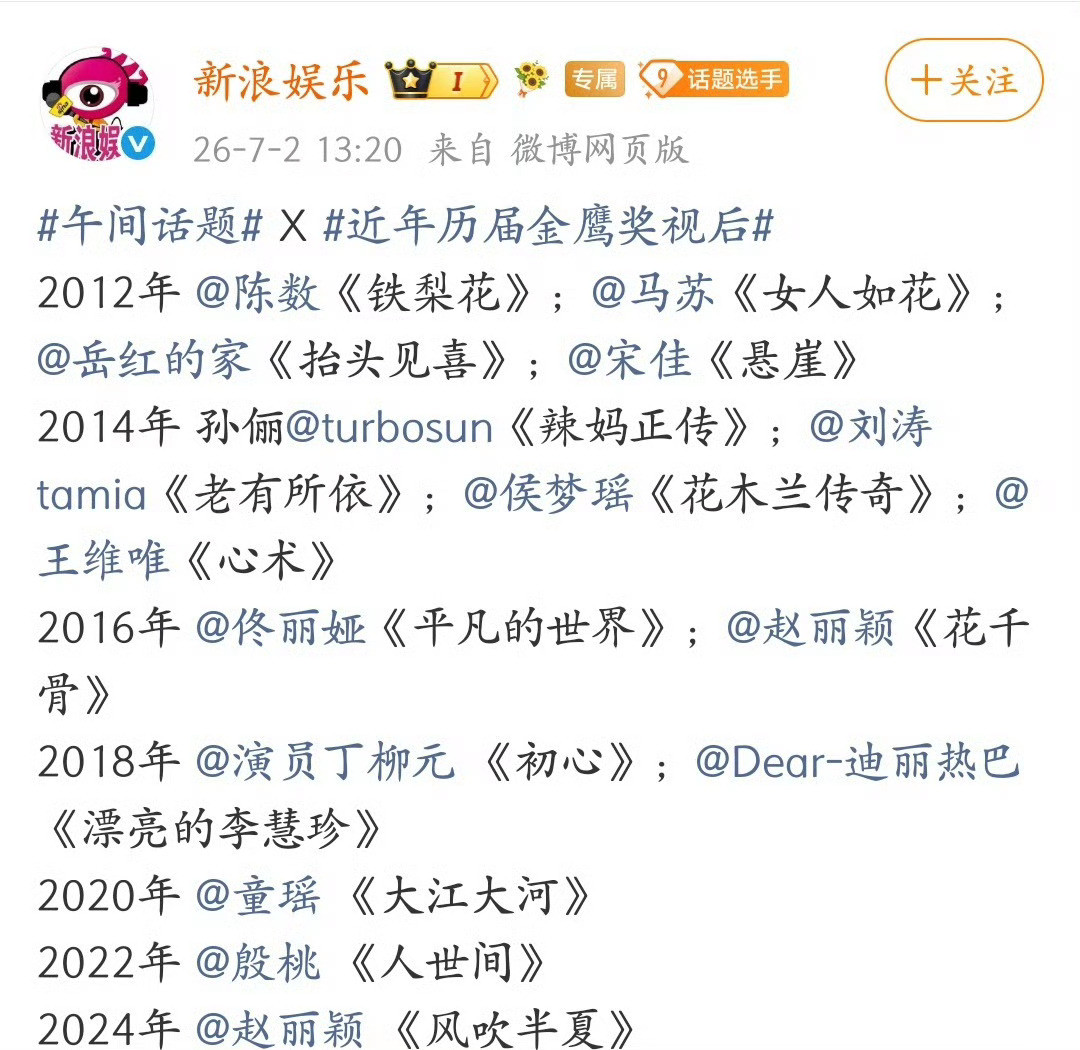 近年历届金鹰奖视后官方认证名单来了近年历届金鹰奖视后2012年陈数《铁梨花》
