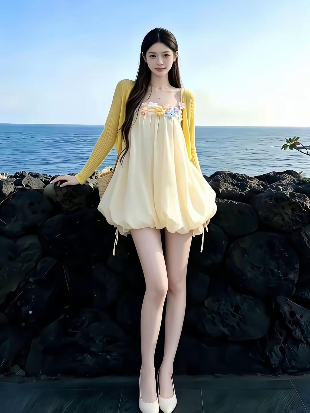 一位穿着黄裙子的女孩在海边拍照，太漂亮了。