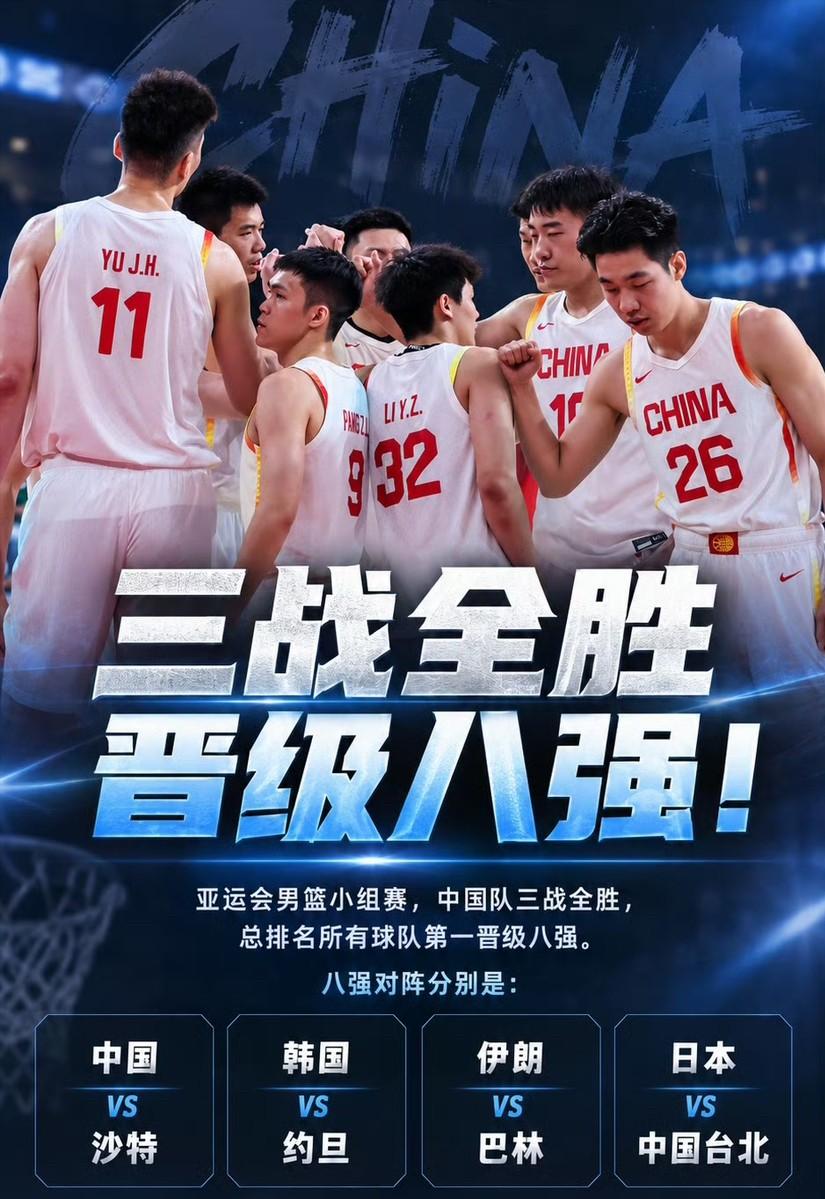 亚运男篮小组赛结束，八强席位全部诞生，1/4决赛对阵如下这届亚运男篮打到八强