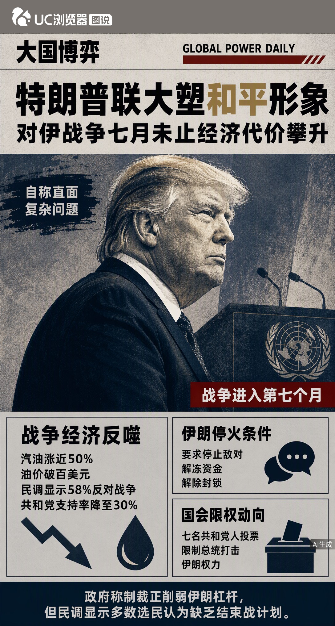 特朗普赴联大想包装成“和平缔造者”，但对伊战争已打七个月。油价飙涨、民调走低，连共和党人都投票限制其