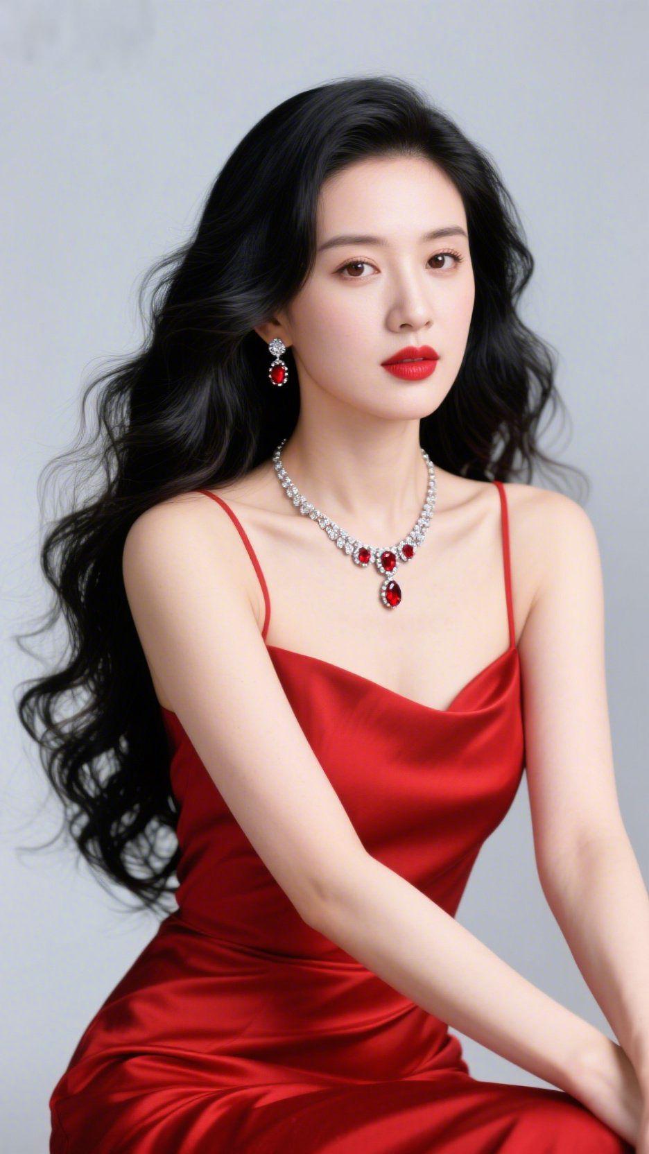 红缎间的柔艳素净背景里，她如揉进柔光的一抹红。红缎裙垂着轻软的弧度，细肩带