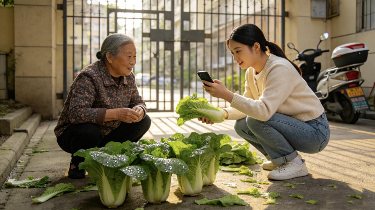 小区门口，一个老太太蹲在地上，面前摆着几把自家种的青菜。一个年轻姑娘路过，蹲下