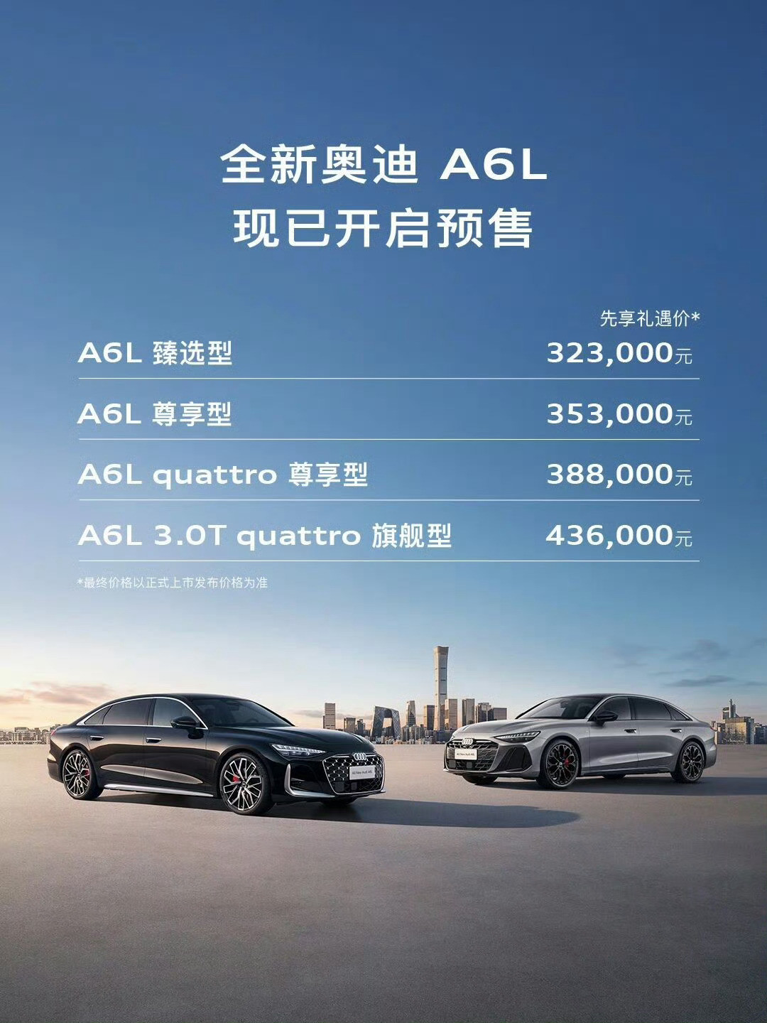 奥迪A6L预售32.3万起，有点猛啊。现在C8臻选45.79万，优惠后也要31万