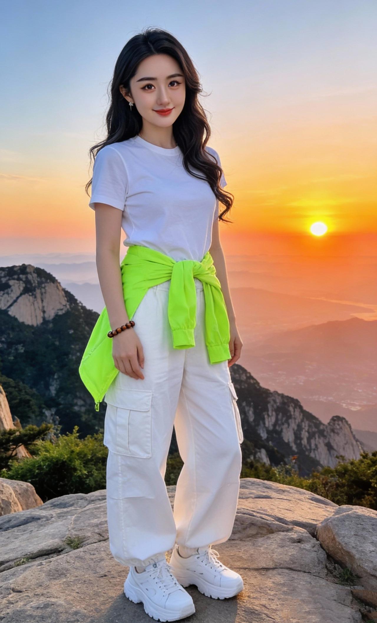 《山巅朝暮》霞光漫染千峰晓，云影轻铺万壑柔。一袭白衫裁晓色，青襟漫系