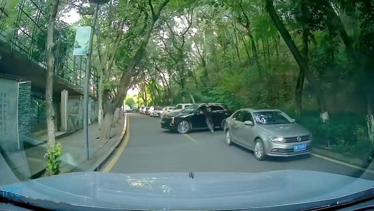 一无牌实习黑色小车，旁边男友指挥倒车不当，一脚油门开上山骑上前方白色小车，网友惊