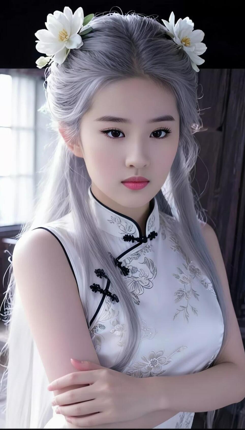 梦幻古风少女，银发如雪，花饰点缀，古典韵味十足。