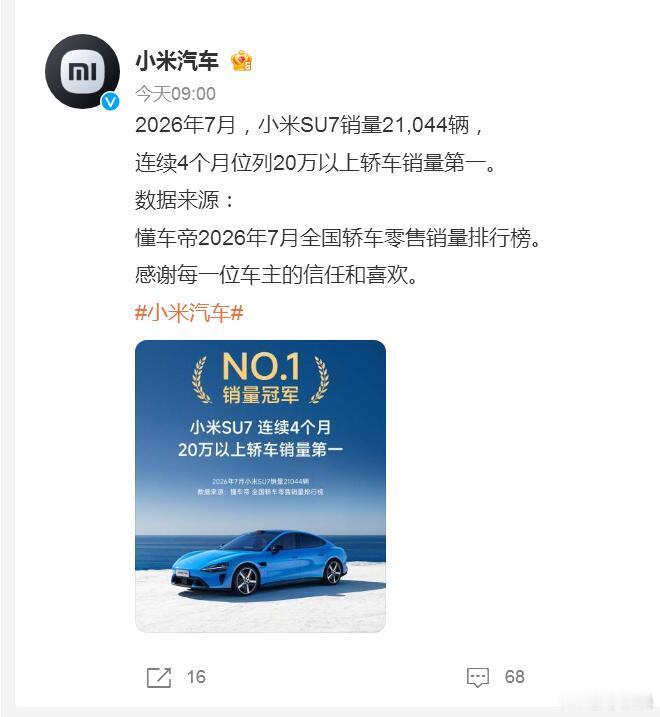 小米SU7的七月销量公布了，21044辆。它也是20万元以上轿车的销量...