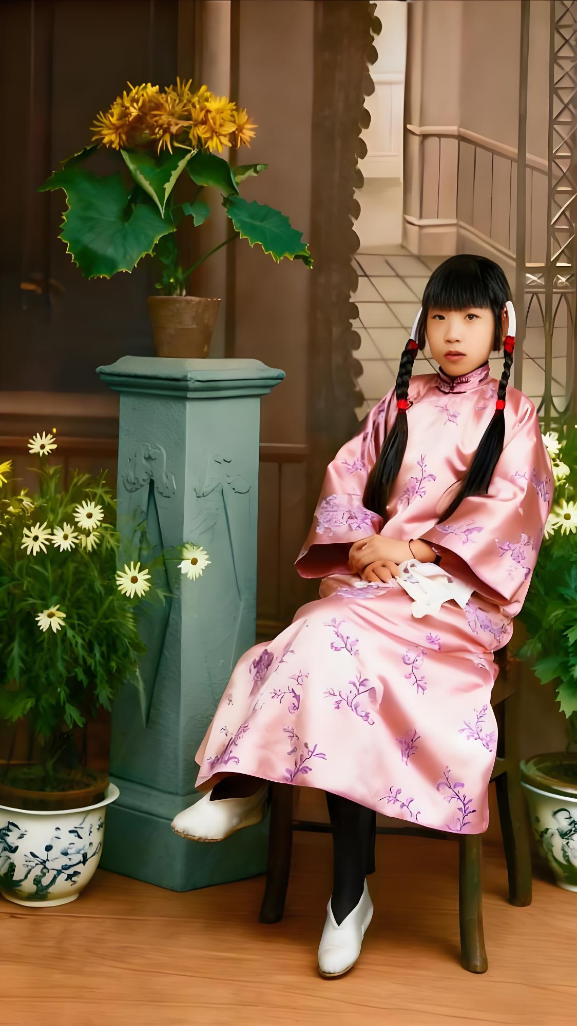 这张摄于1920年代的照片里，少女身着带有素雅花纹的浅色长衫，两条乌黑油亮的长马