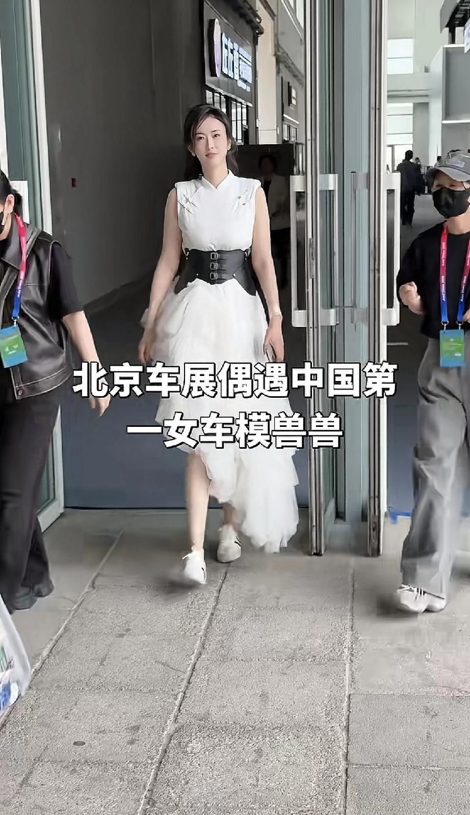4月26日，车模兽兽继续参加北京车展，特地换了一身白色的束腰裙子，可是从背影看虎